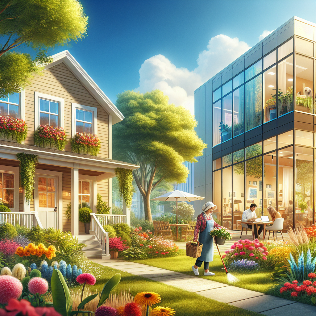 A community scene in Magrath Heights featuring a cozy home and a busy office.