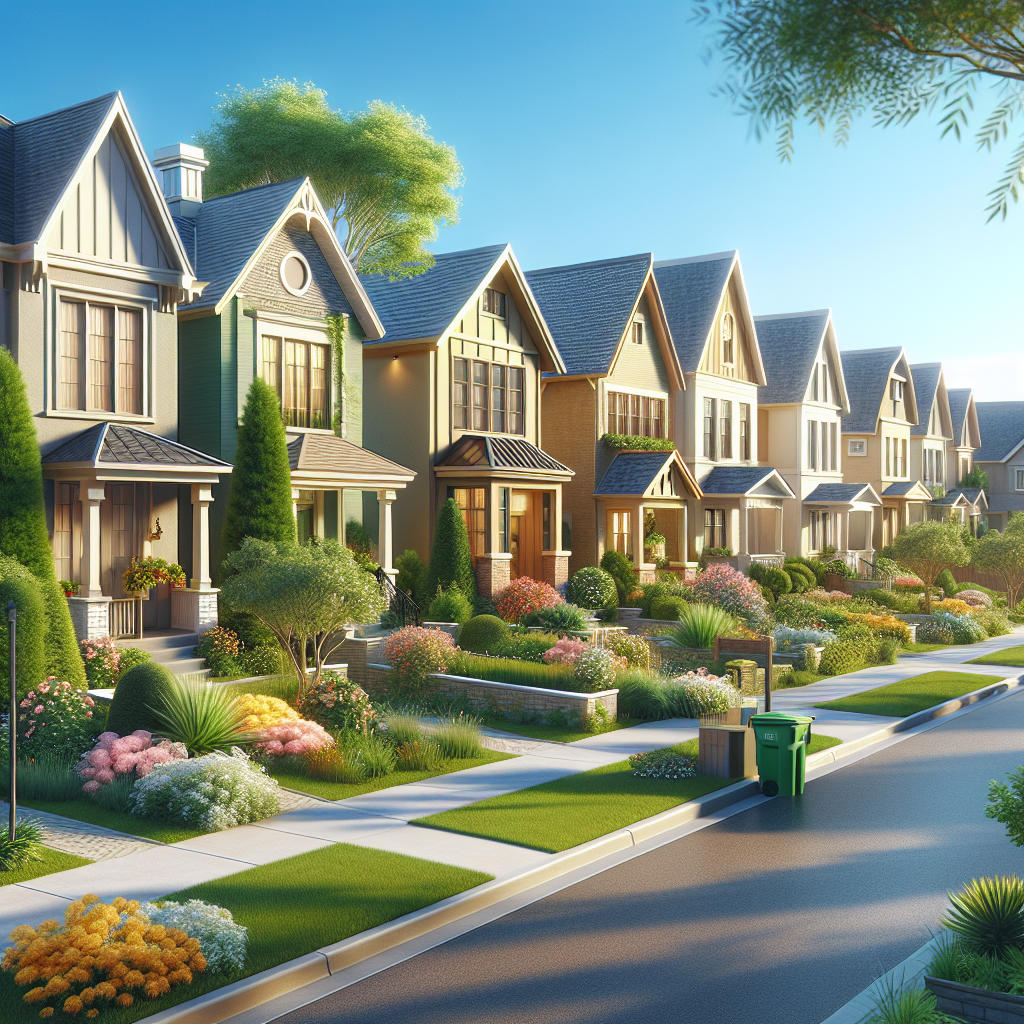 A serene neighborhood in Magrath Heights with cozy homes, green lawns, and clear blue skies.