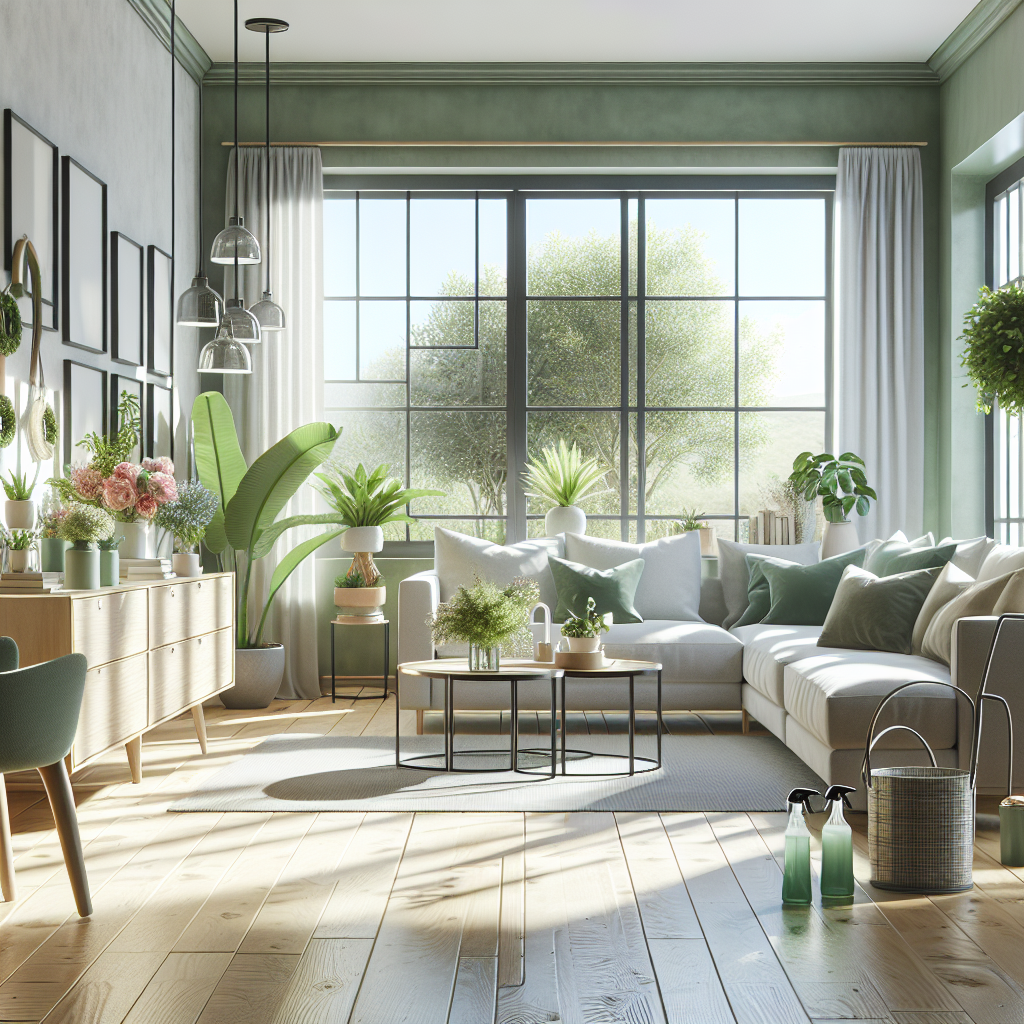 A clean and organized living room with natural light and eco-friendly cleaning supplies.