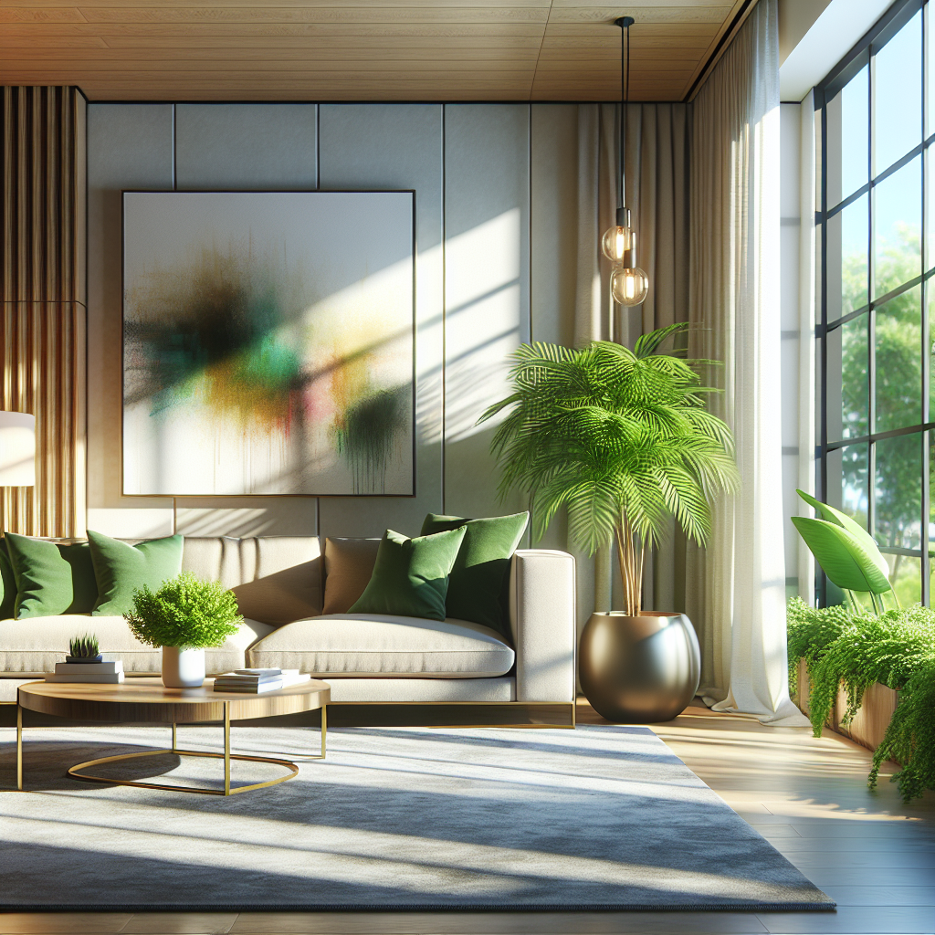 A modern, clean living room interior with sunlight and plants.