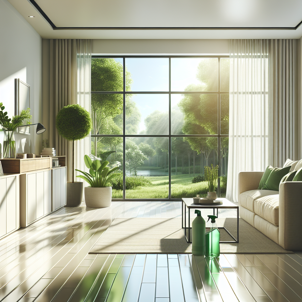 A clean and inviting modern living room highlighting eco-friendly cleaning products.