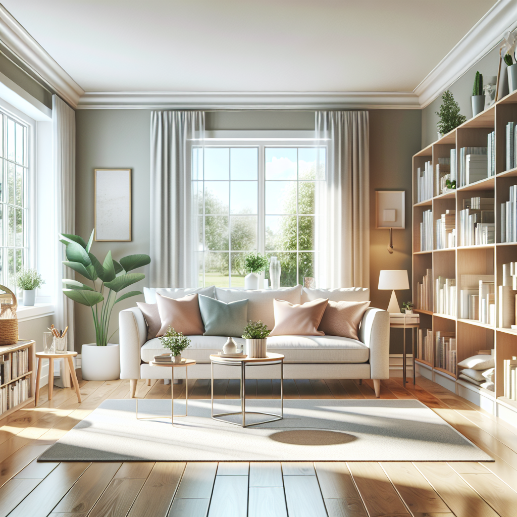 A cozy, clean living room showcasing a comfortable sofa, coffee table, and bookshelf without any text.