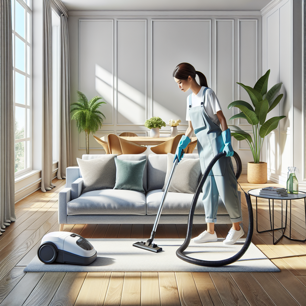 A professional cleaner vacuuming a modern living room.