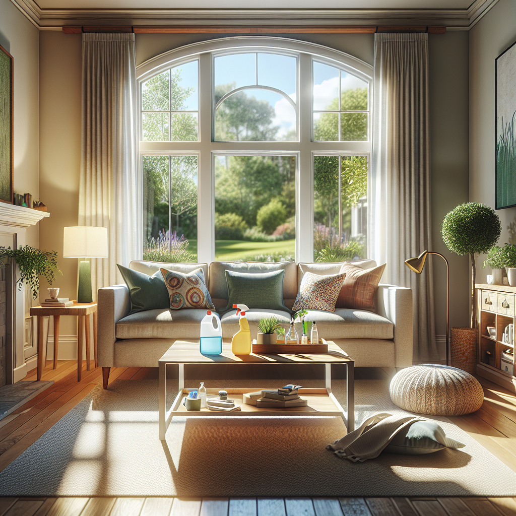 A cozy living room with a modern sofa, coffee table with cleaning supplies, and sunlight illuminating the room.
