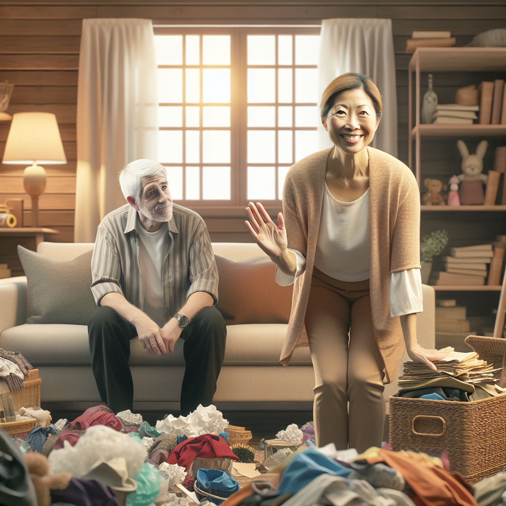 A professional organizer helping a hoarder in a cluttered living room.