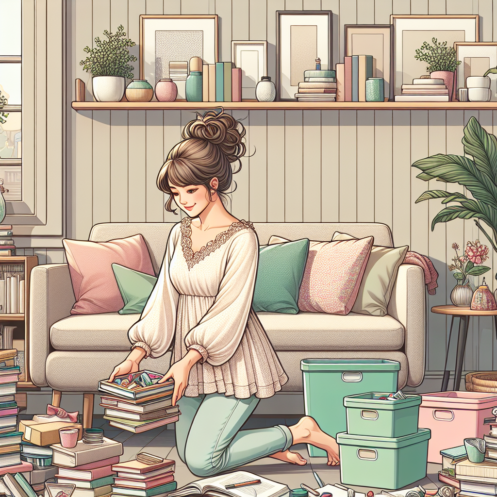 A woman organizing a cluttered room, sorting through books and papers.