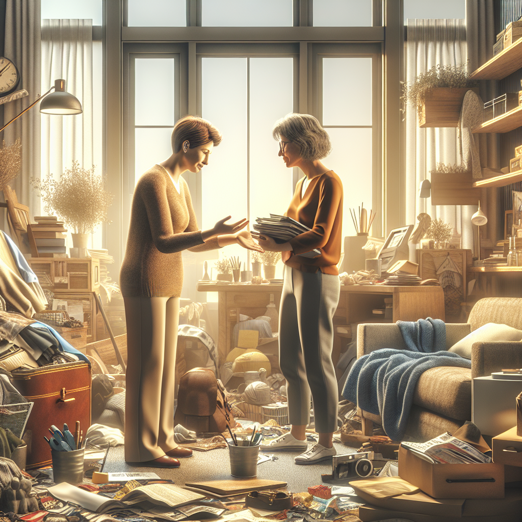 A professional organizer helping in a cluttered room.