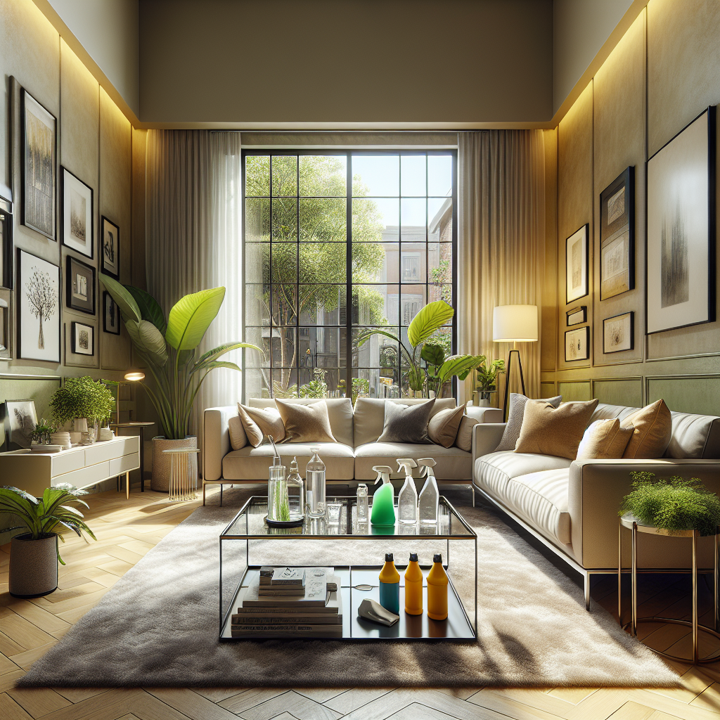 A cozy and clean living room showcasing eco-friendly cleaning products.