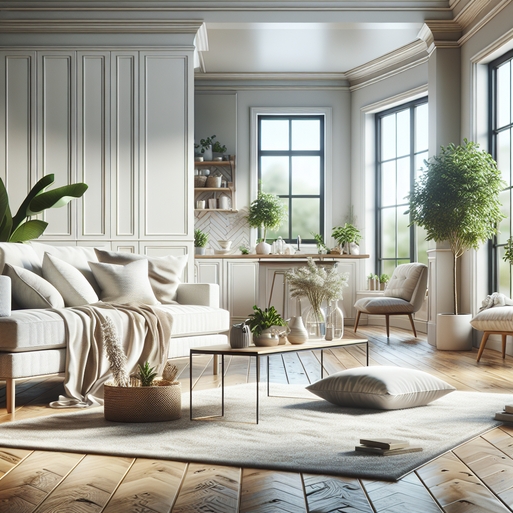 A clean and inviting living room showcasing a comfortable sofa, polished wooden floor, and natural light.