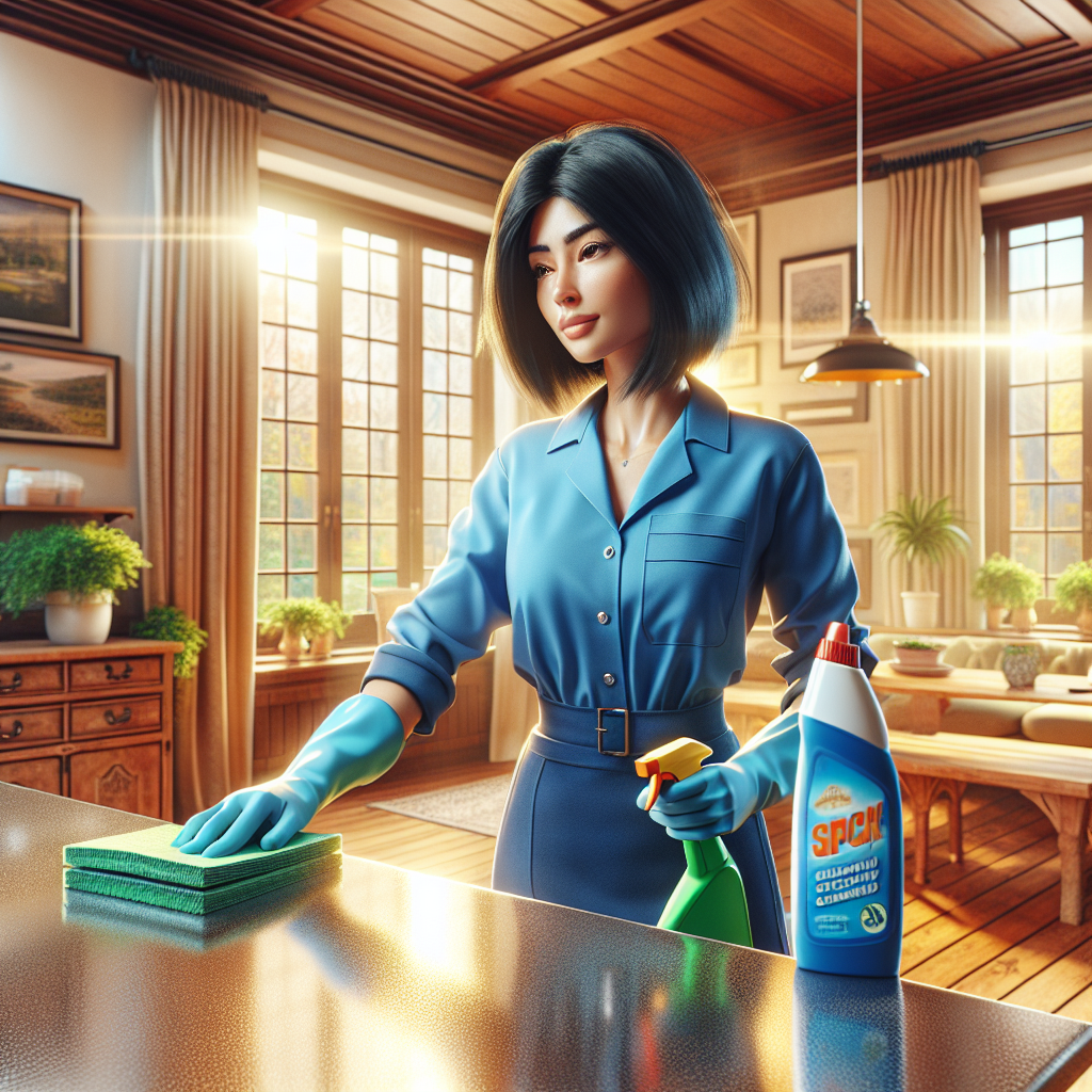A woman in a blue uniform cleaning a countertop in a well-lit home.