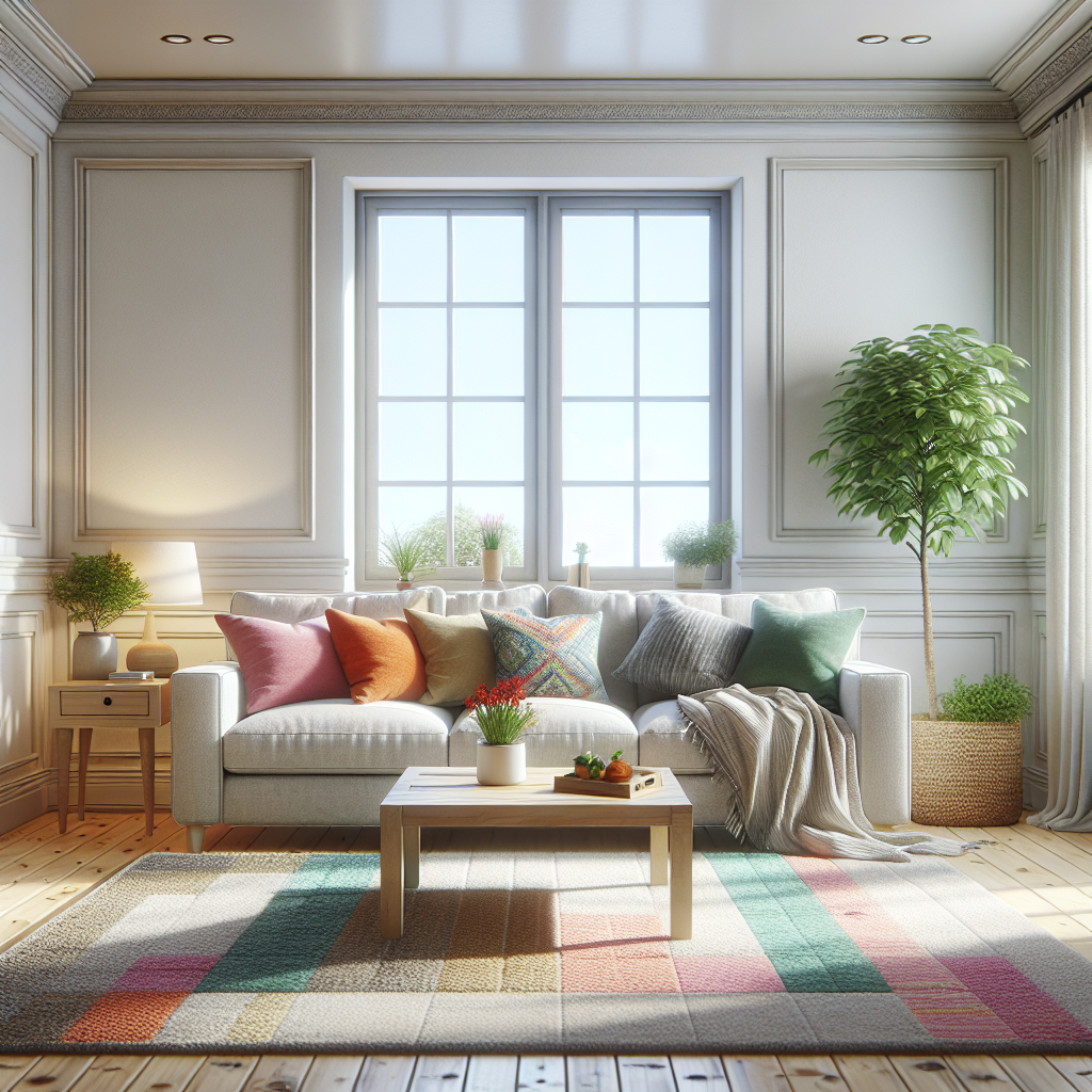 A cozy cleaned living room with a sofa, coffee table, and natural light.