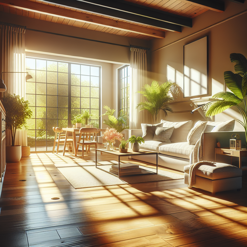 A clean and organized living room interior with natural light and houseplants.