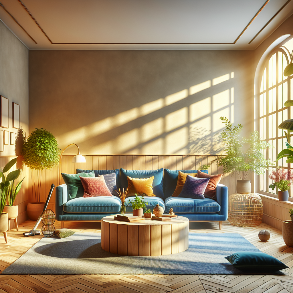 A cozy living room with a sofa, coffee table, houseplants, and a vacuum cleaner.