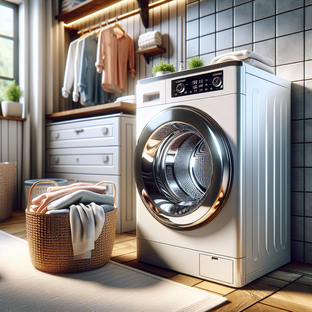 A modern home dry cleaning machine in a stylish laundry room with folded clothes.