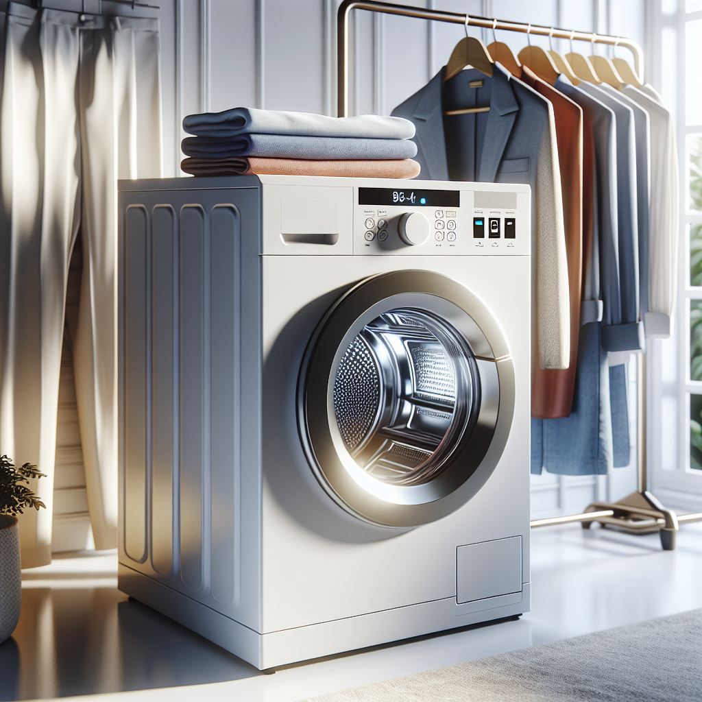 A home dry cleaning machine in a modern laundry room with various garments displayed around it.