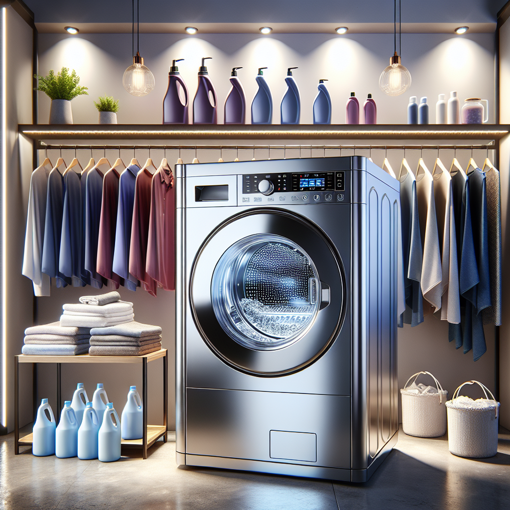 A modern home laundry room with a home dry cleaning machine and organized shelves of eco-friendly cleaning products.