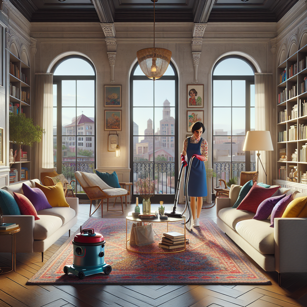 A professional cleaner tidying a bright living room in El Paso, Texas.