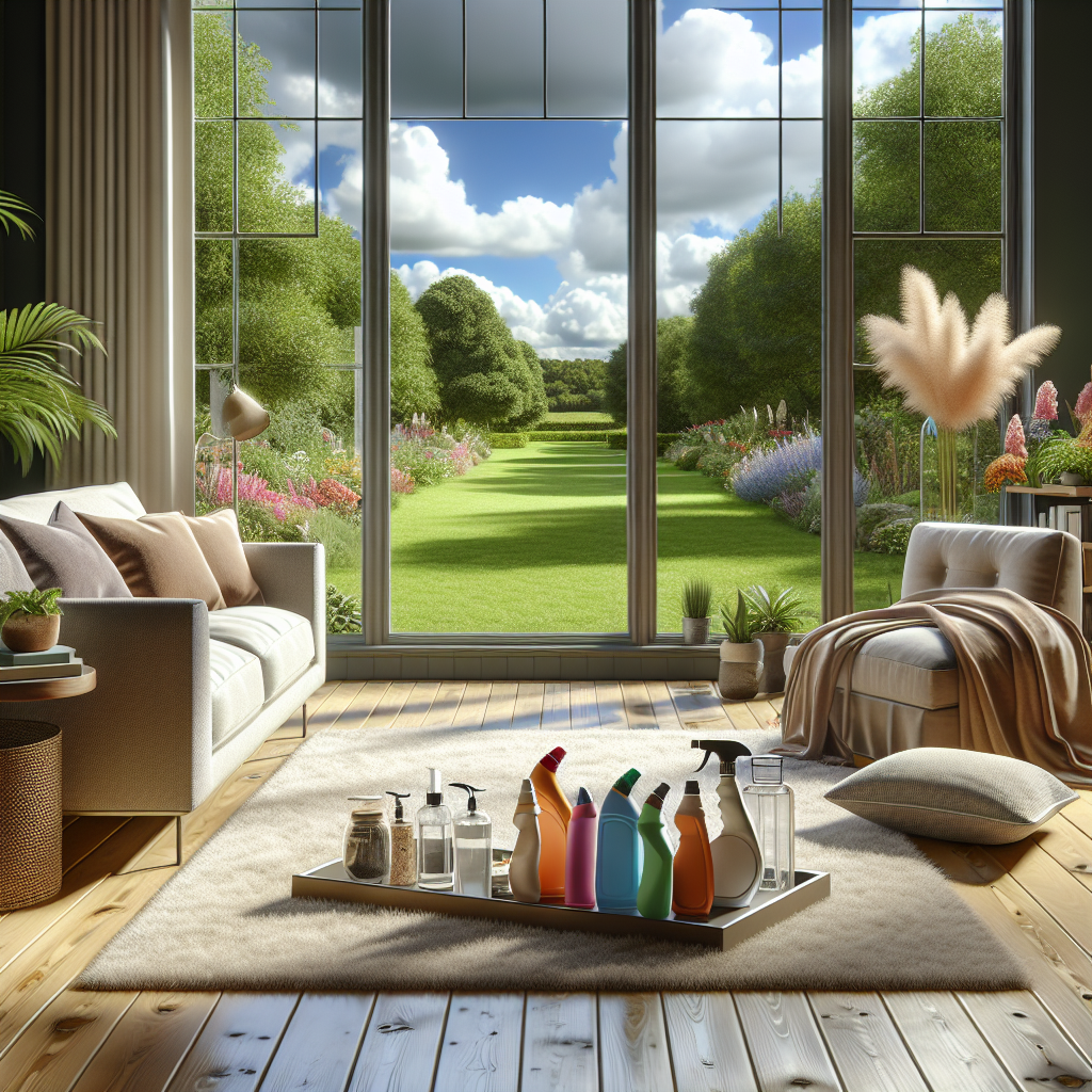 A cozy living room interior showcasing a clean environment with eco-friendly cleaning products.