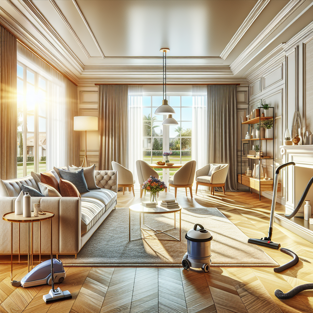 A clean and tidy modern living room showcasing cleanliness and organization.