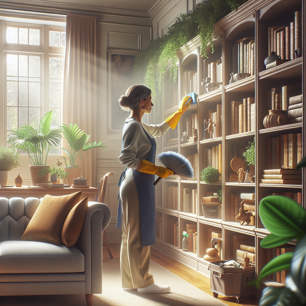 A professional female cleaner dusting a living room, showcasing a bright and clean interior.