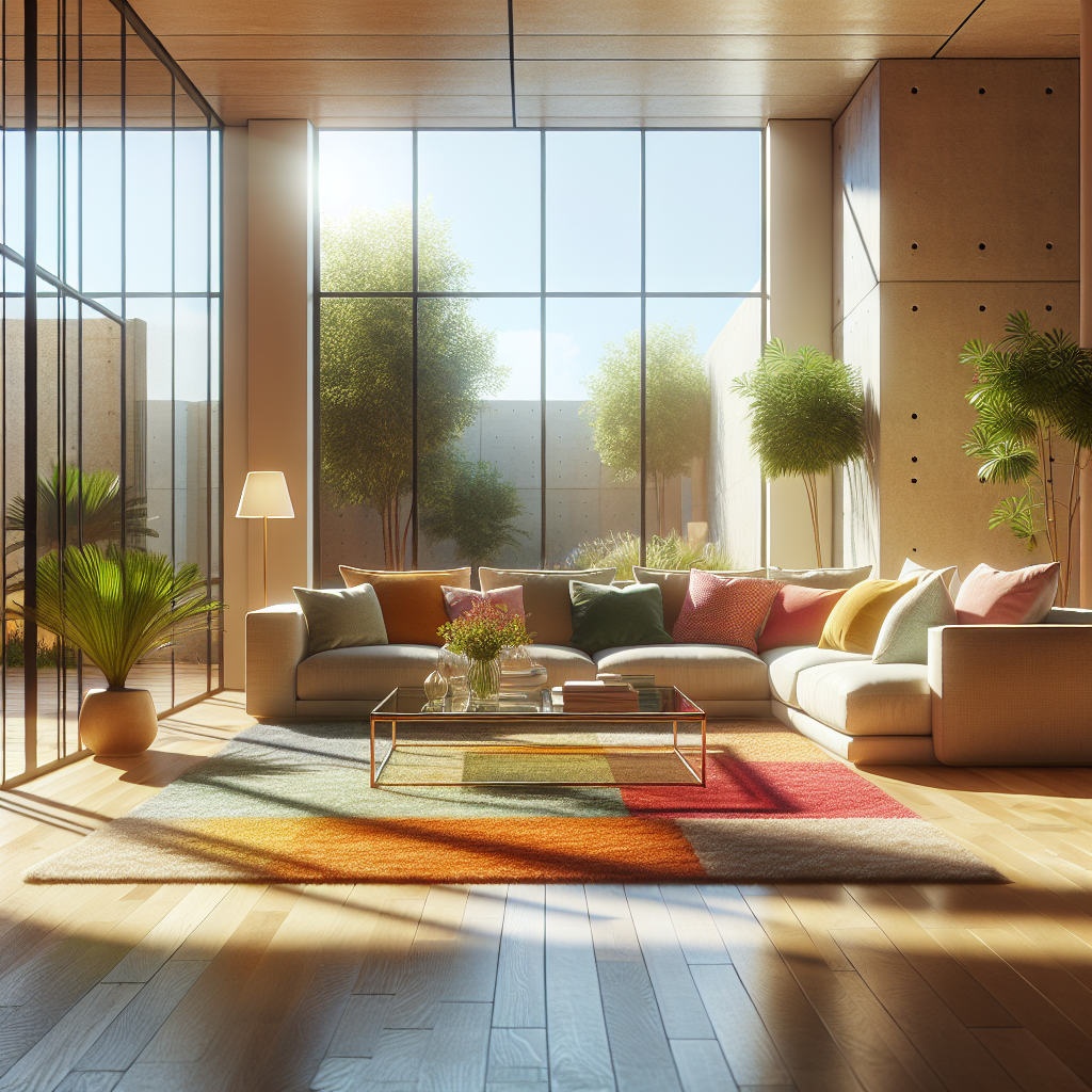A clean and organized living room showcasing a comfortable sofa, coffee table, and natural sunlight.