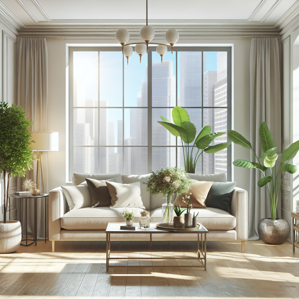 A clean and organized living room with a sofa, coffee table, and houseplants.