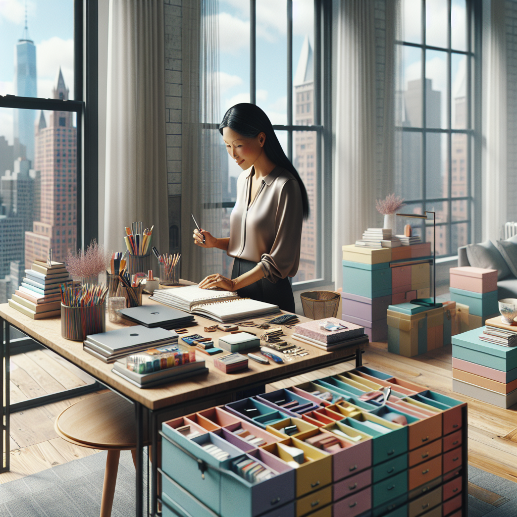 A professional organizer in a stylish New York City apartment sorting through supplies.