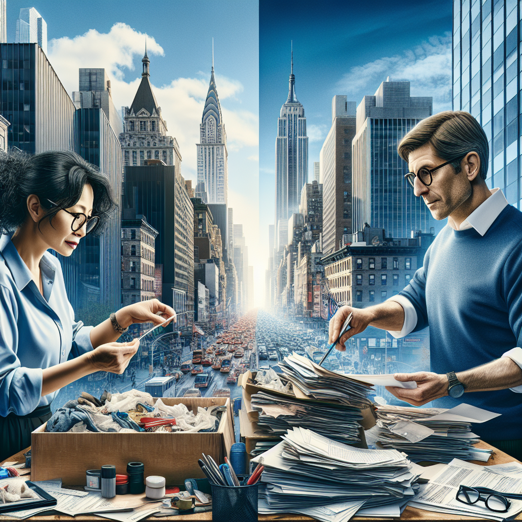 A busy New York City street with a professional organizer helping individuals sort through clutter.