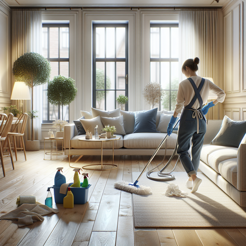 What Should Deep Cleaning Cost Find Out Here! 4 A woman in a blue uniform cleaning a bright, spacious living room.