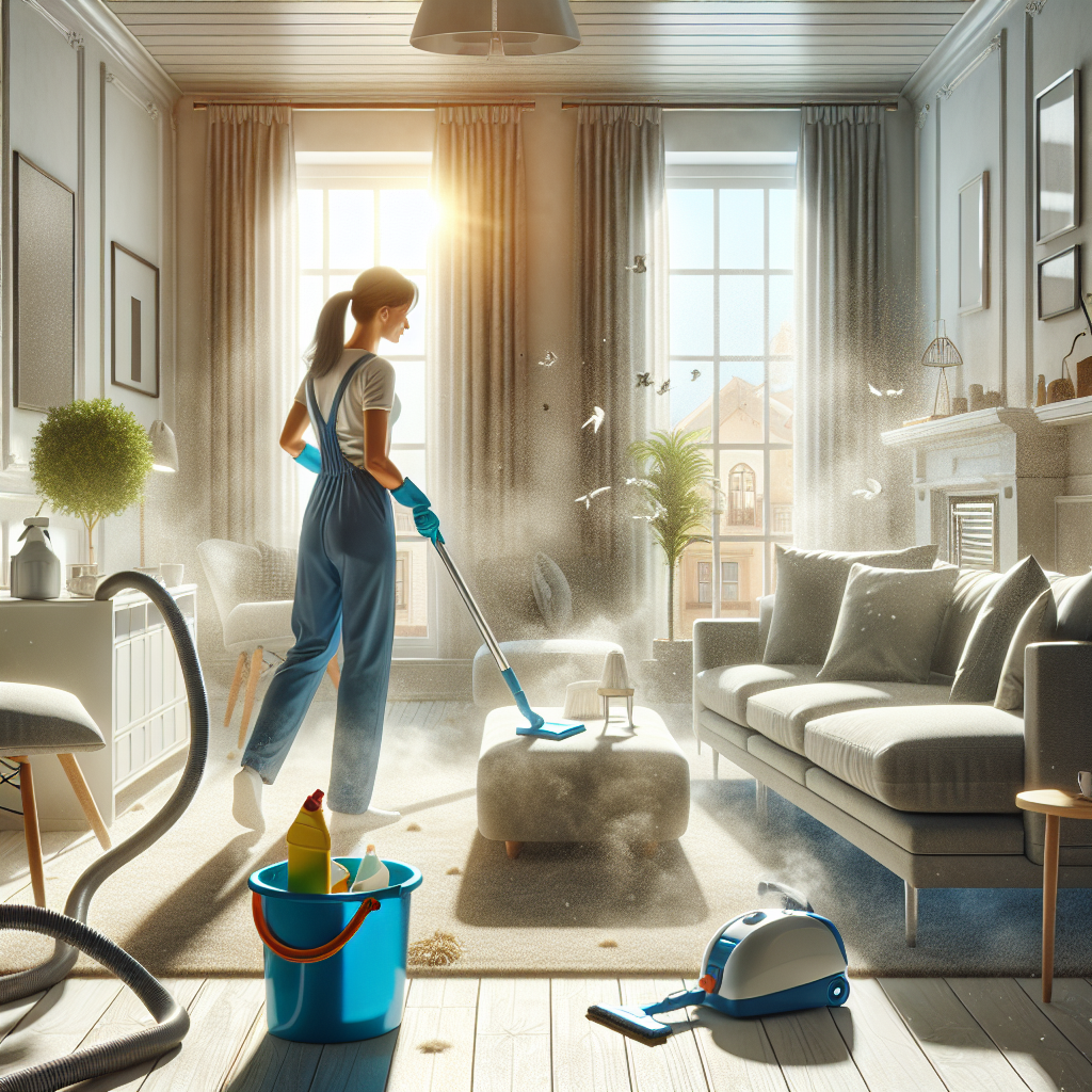 What Should Deep Cleaning Cost Find Out Here! 5 A woman deep cleaning a living room filled with sunlight and cleaning supplies.