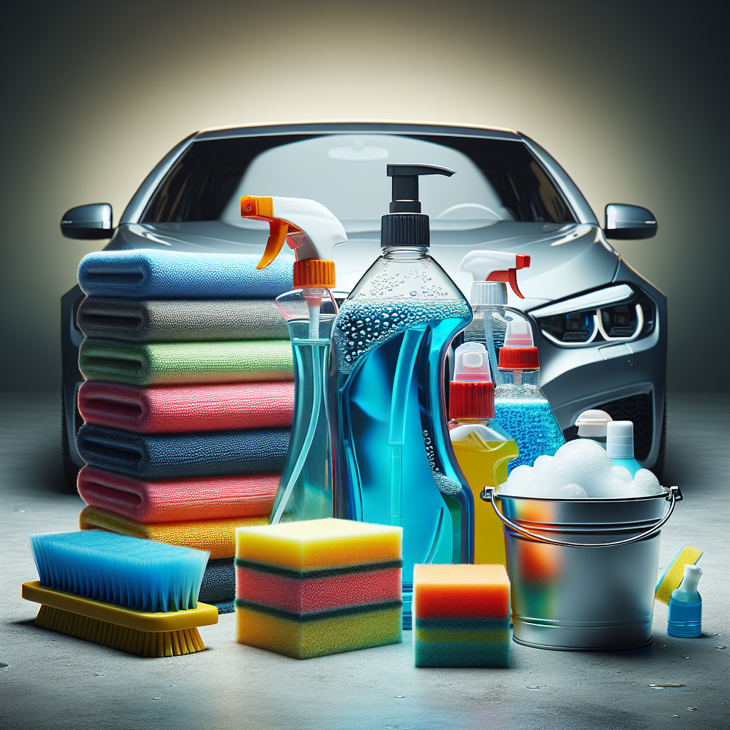 An organized collection of basic car cleaning supplies including wax, glass cleaner, microfiber cloths, a bucket with soapy water, and a sponge.