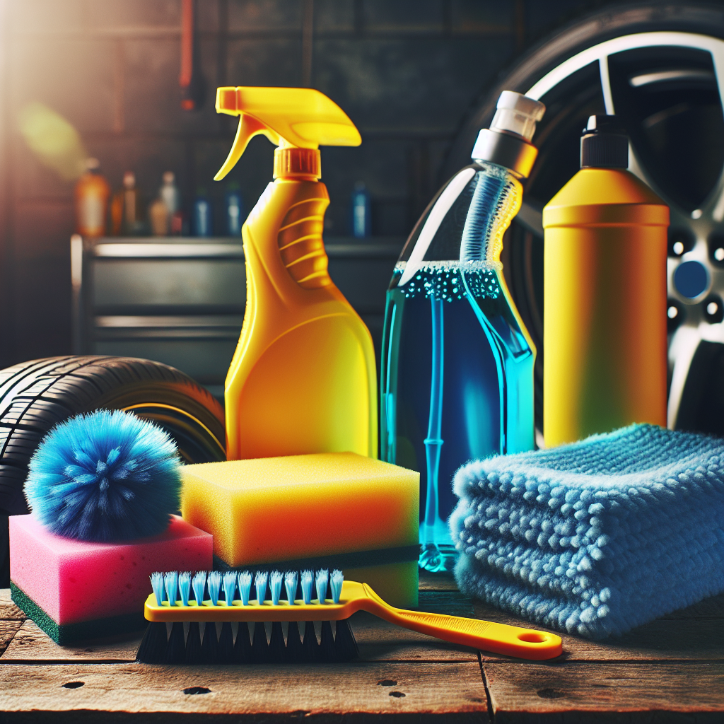 Essential car cleaning supplies on a workbench.