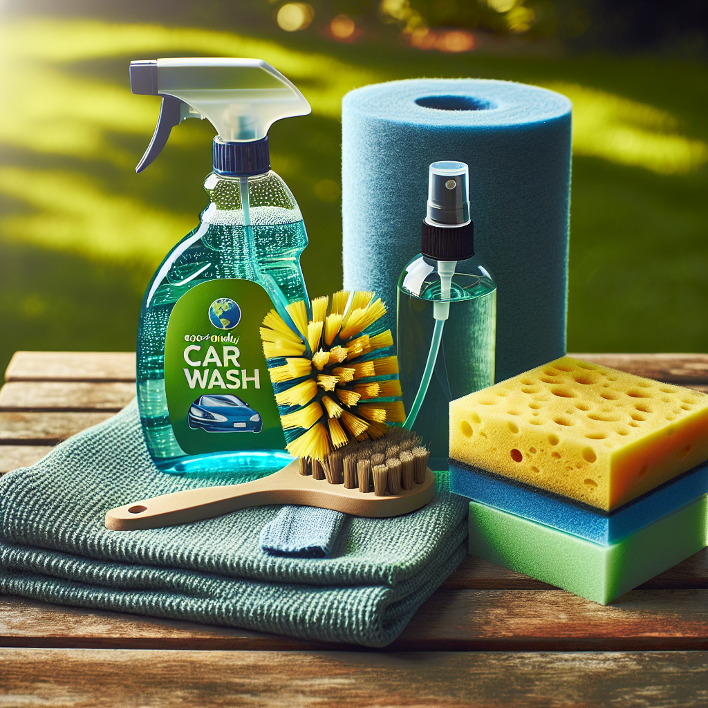 A collection of basic car cleaning supplies arranged on a table outdoors.