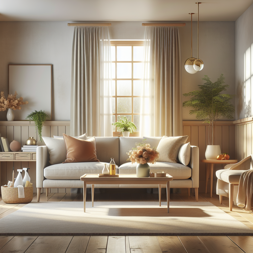 A clean and organized living room in Omaha with a cozy sofa, light wooden table, and natural light.