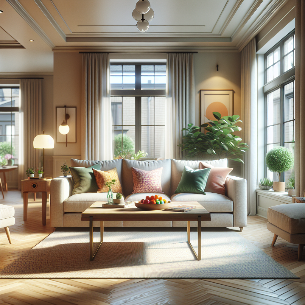 A cozy and clean living room with a sofa, coffee table, and bright lighting.