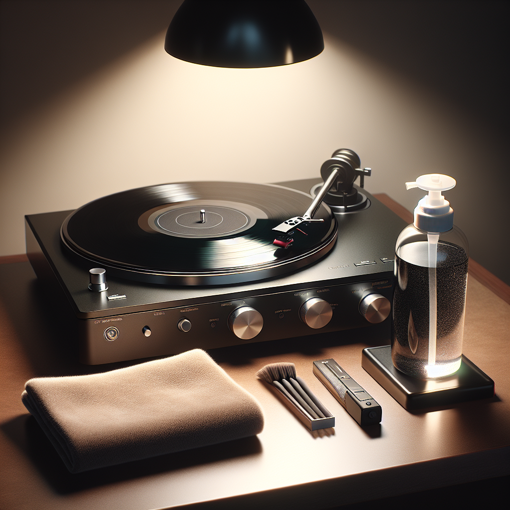 An audiophile's workspace with a vinyl record on a turntable and cleaning supplies.
