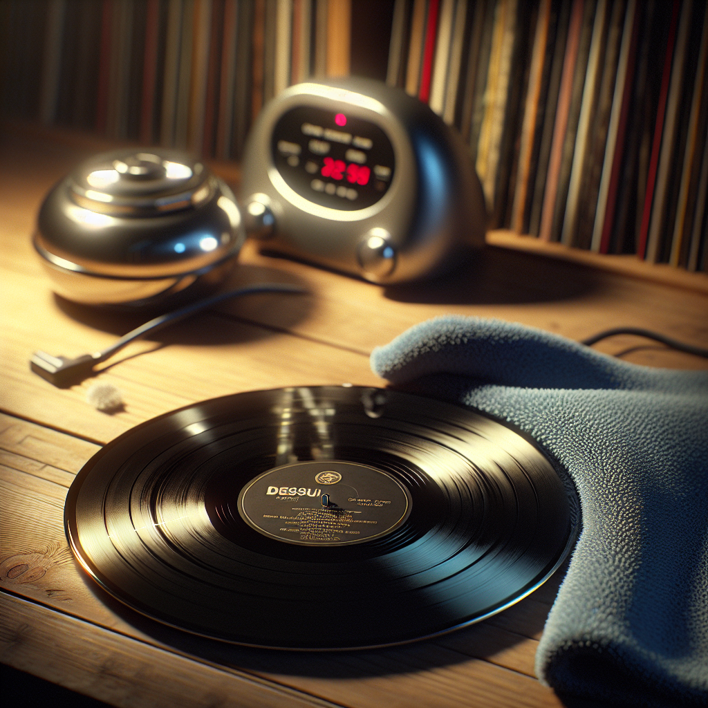 A vinyl record on a wooden table with a microfiber cloth and a vacuum cleaning machine.