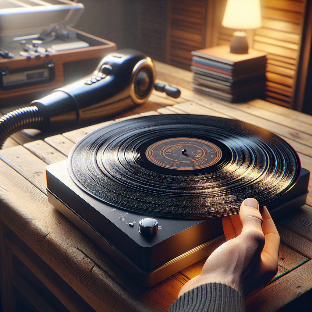 A hand cleaning a vinyl record with a vacuum machine in a cozy room.