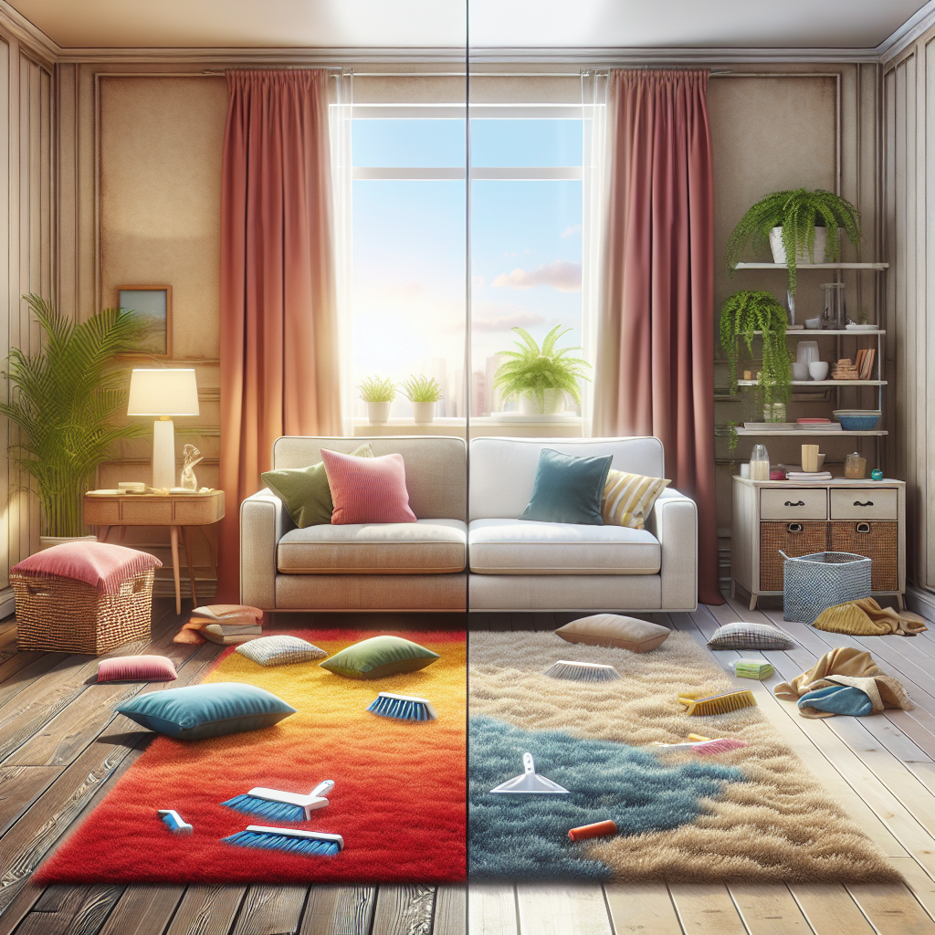 A side-by-side comparison of a cleaned and uncleaned living room.