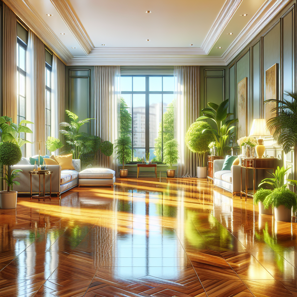 A freshly deep-cleaned room with bright sunlight, polished furniture, and houseplants.