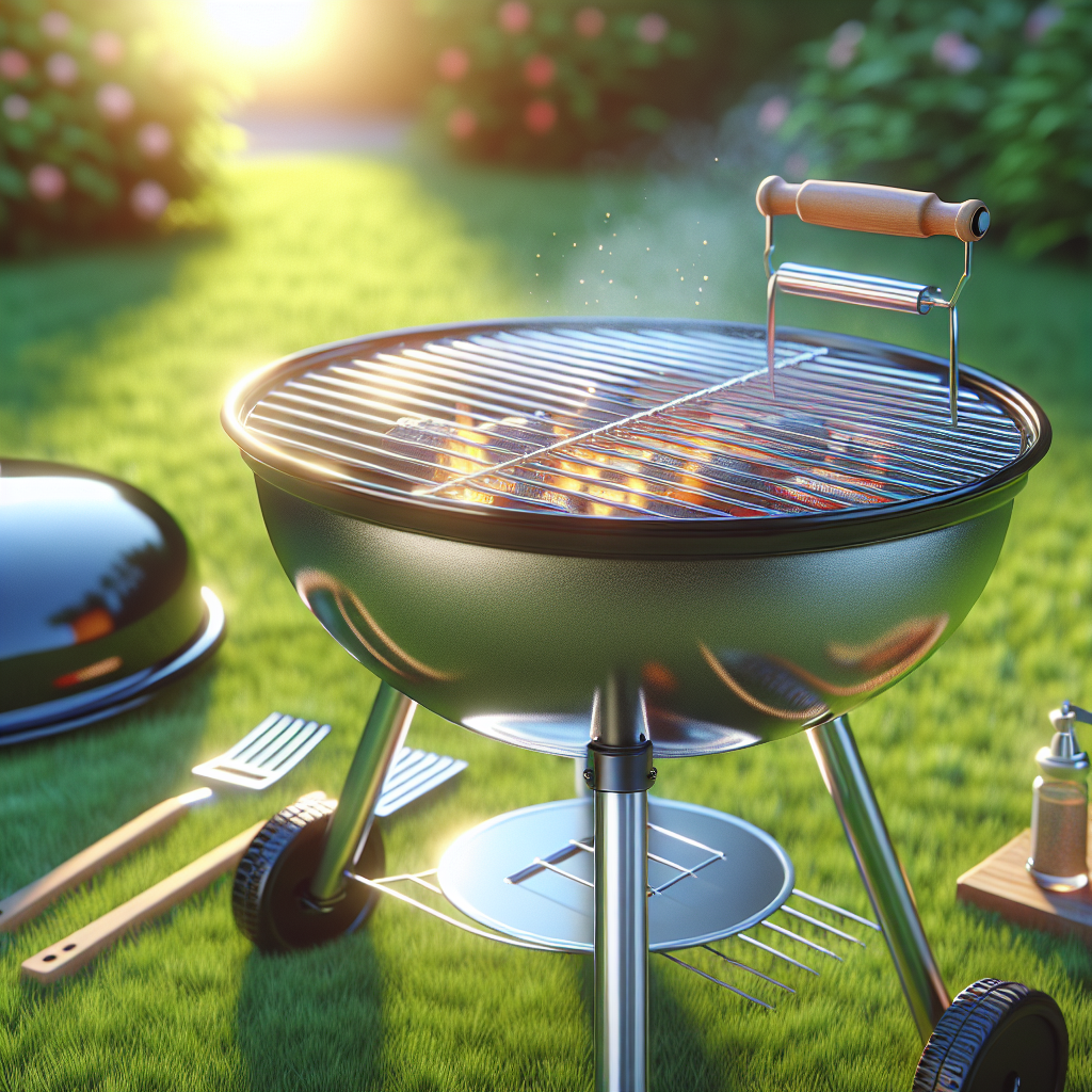 A clean charcoal grill with shiny grates and grilling tools, set in a green backyard.