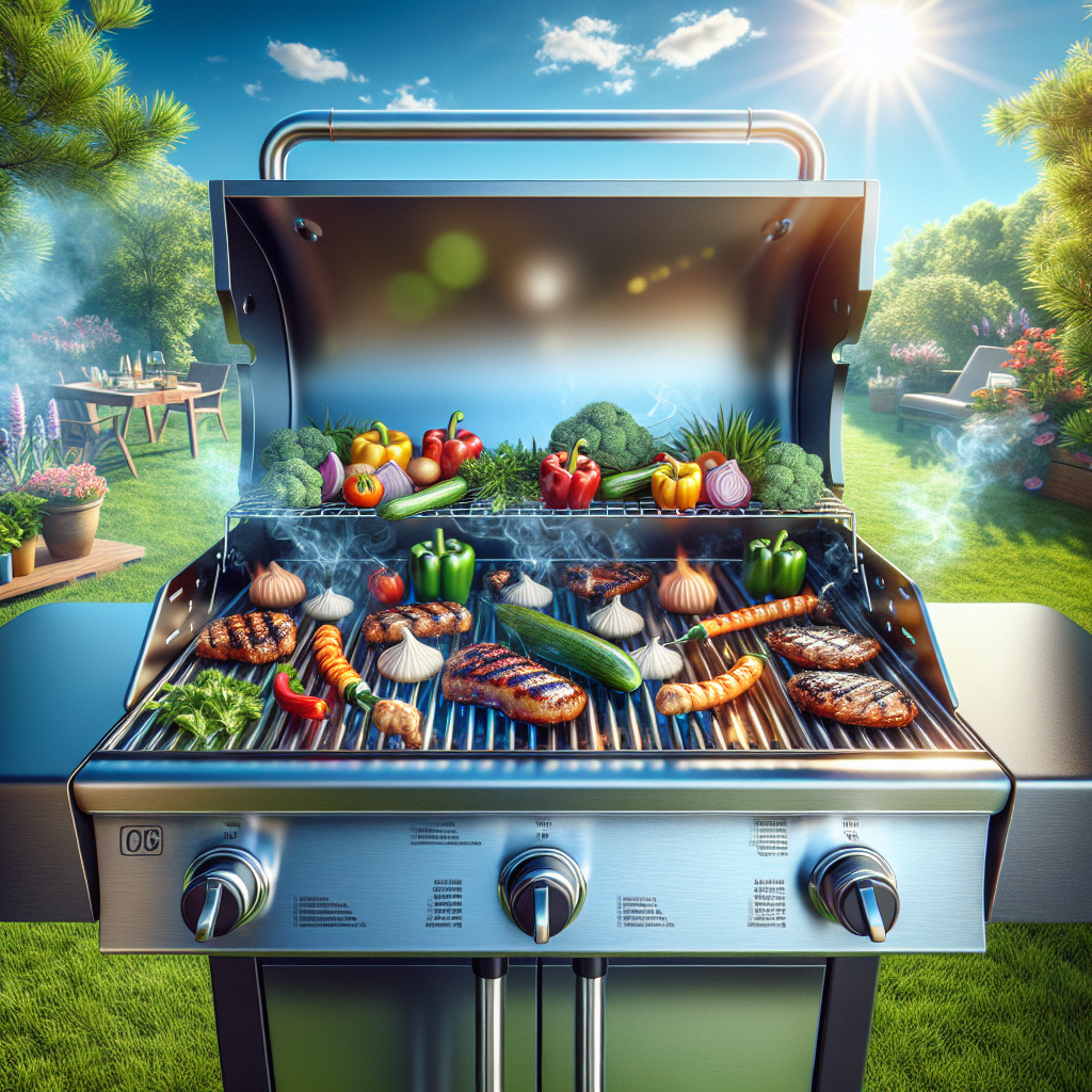A clean outdoor grill with shiny grates, surrounded by colorful vegetables and meats, under a bright sky.