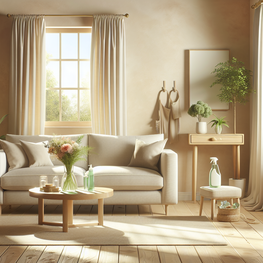 A clean and inviting living room with eco-friendly cleaning products.