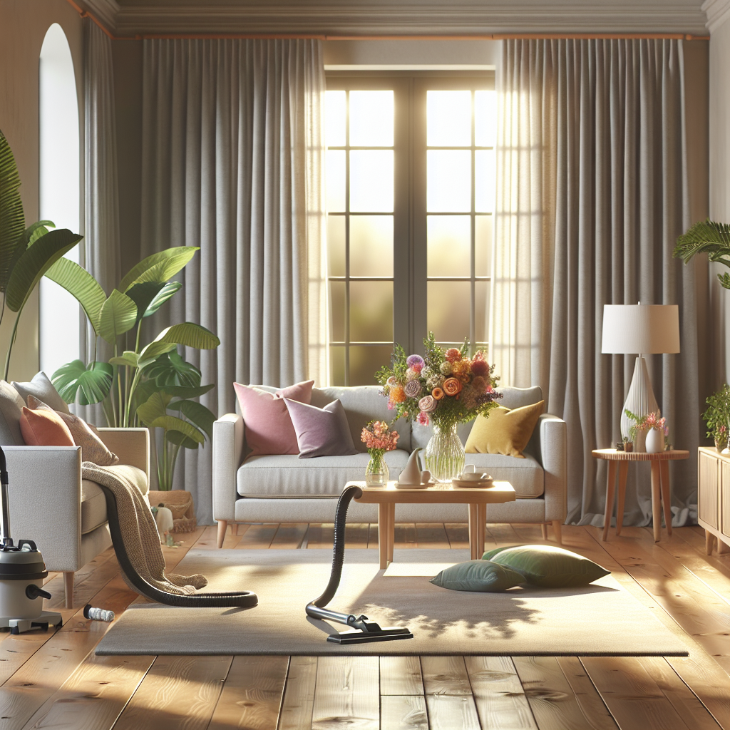 A clean and organized living room showcasing the results of professional cleaning services.