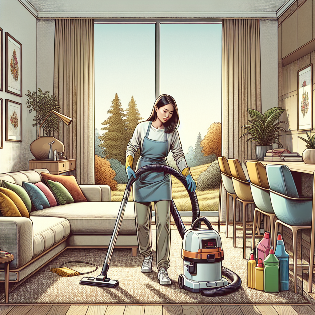 A professional cleaner vacuuming a cozy living room in a modern home.
