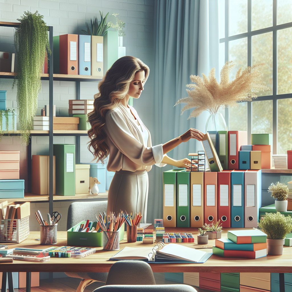 A professional organizer in a home office, sorting through binders and office supplies.