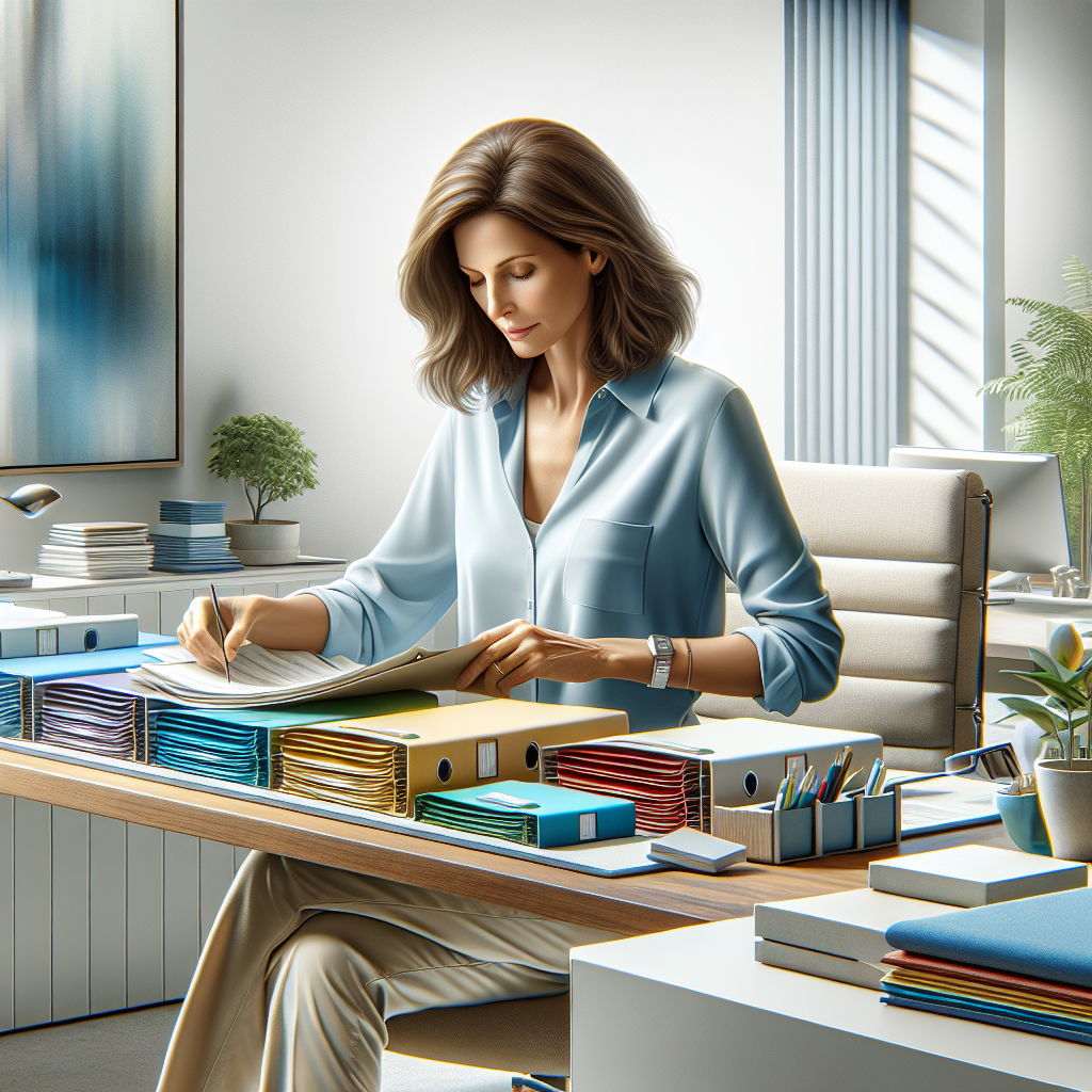 A professional organizer sorting through folders in a tidy office.