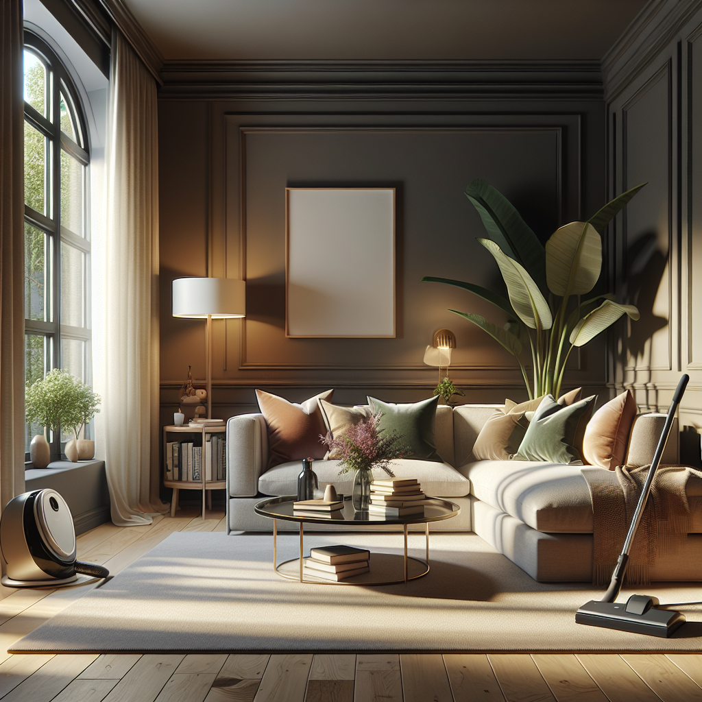 A modern and cozy living room showcasing cleanliness and organization.