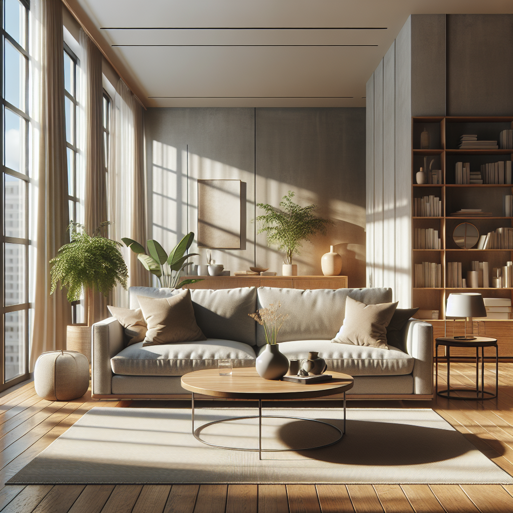 A clean and organized modern living room.