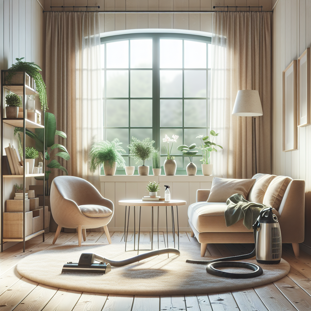 A cozy and clean living room with natural light, featuring a sofa, coffee table, and potted plants.